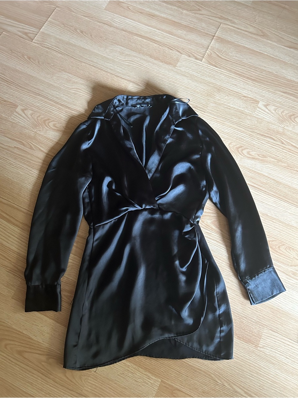Zara Black Deep V-Neck Satin Twist Mini Dress Medium